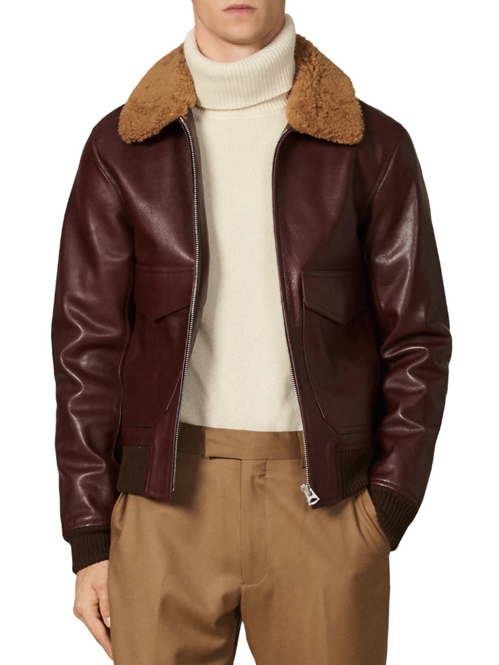 Shearling-Collar Leather Aviator Jacket